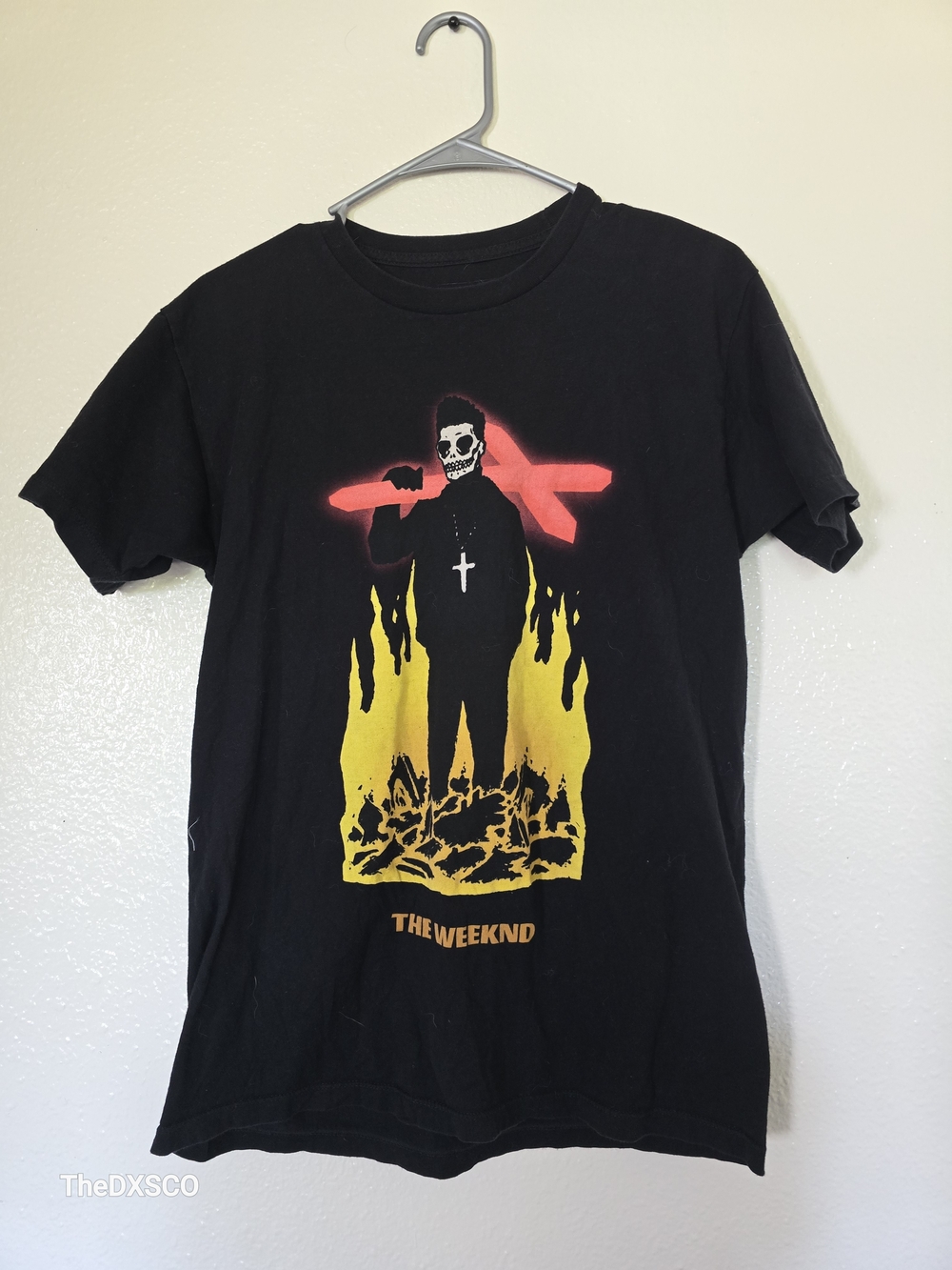 Black The Weeknd Graphic Tee - Yellow & Red Flame Design